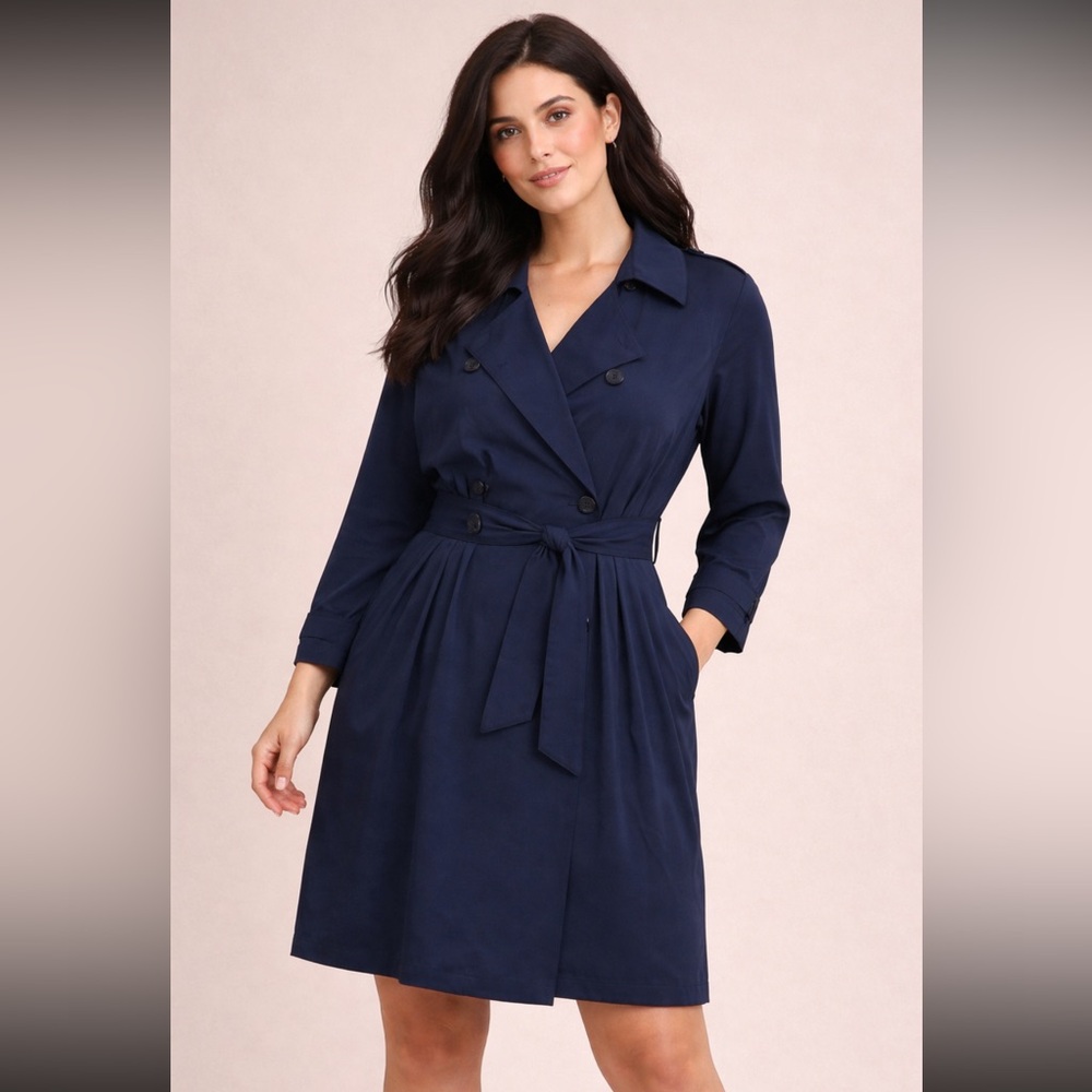 Lacoste Dark Navy Silk Dress 38 Elegant Long Sleeve Button Down